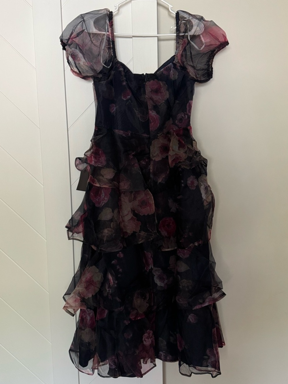 Lulus Navy Floral Organza Tiered Midi Dress Puff Sleeve Size XS NWT - Picture 9 of 10